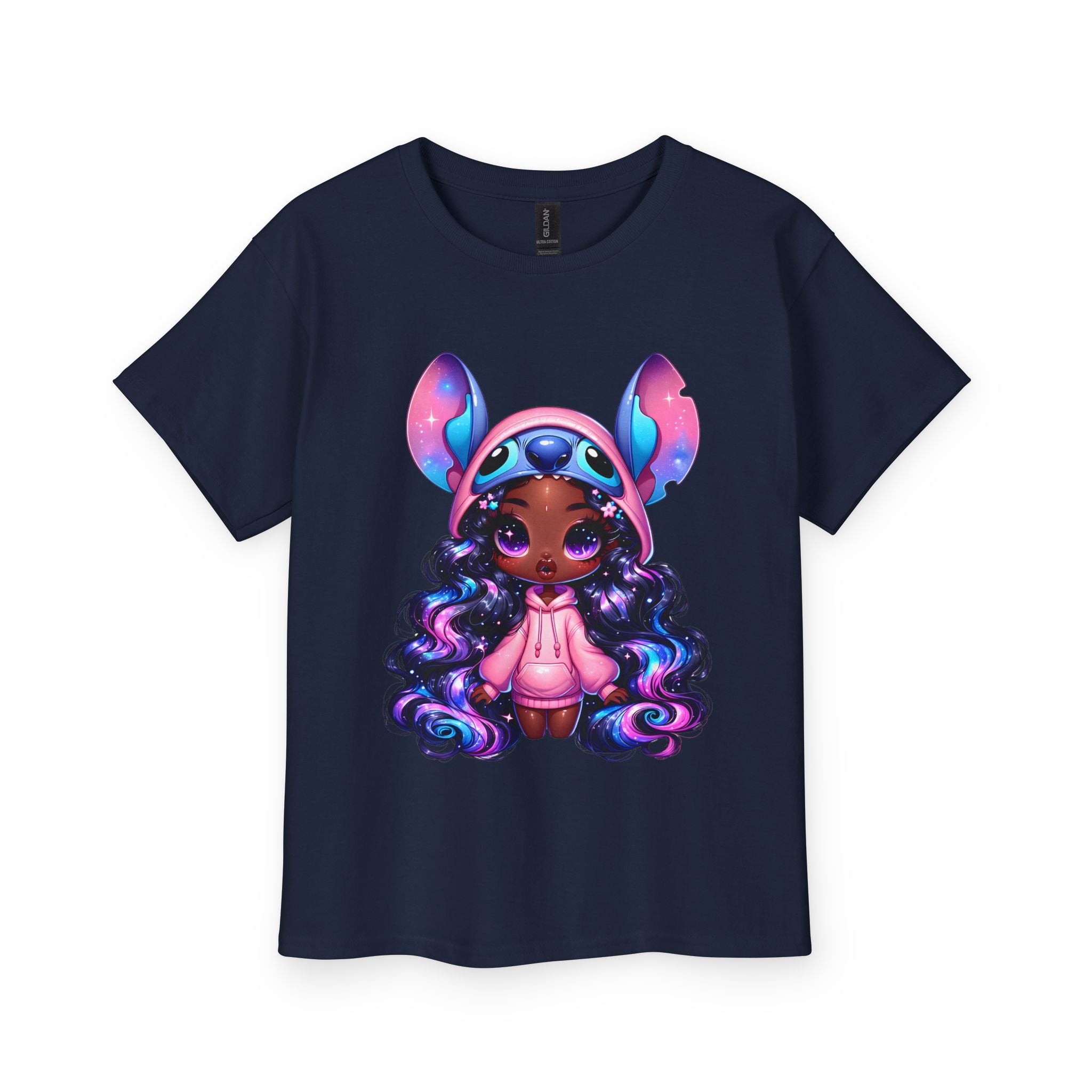 Kids Tee — Cute Dark-Skinned Girl in Stitch Hoodie Graphic