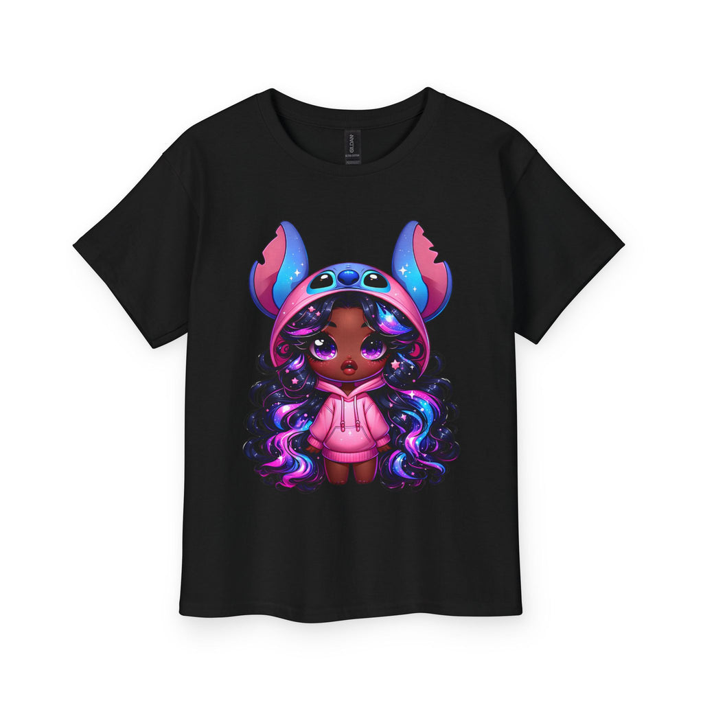 Kids Tee — Cute Dark-Skinned Girl in Stitch Hoodie Graphic