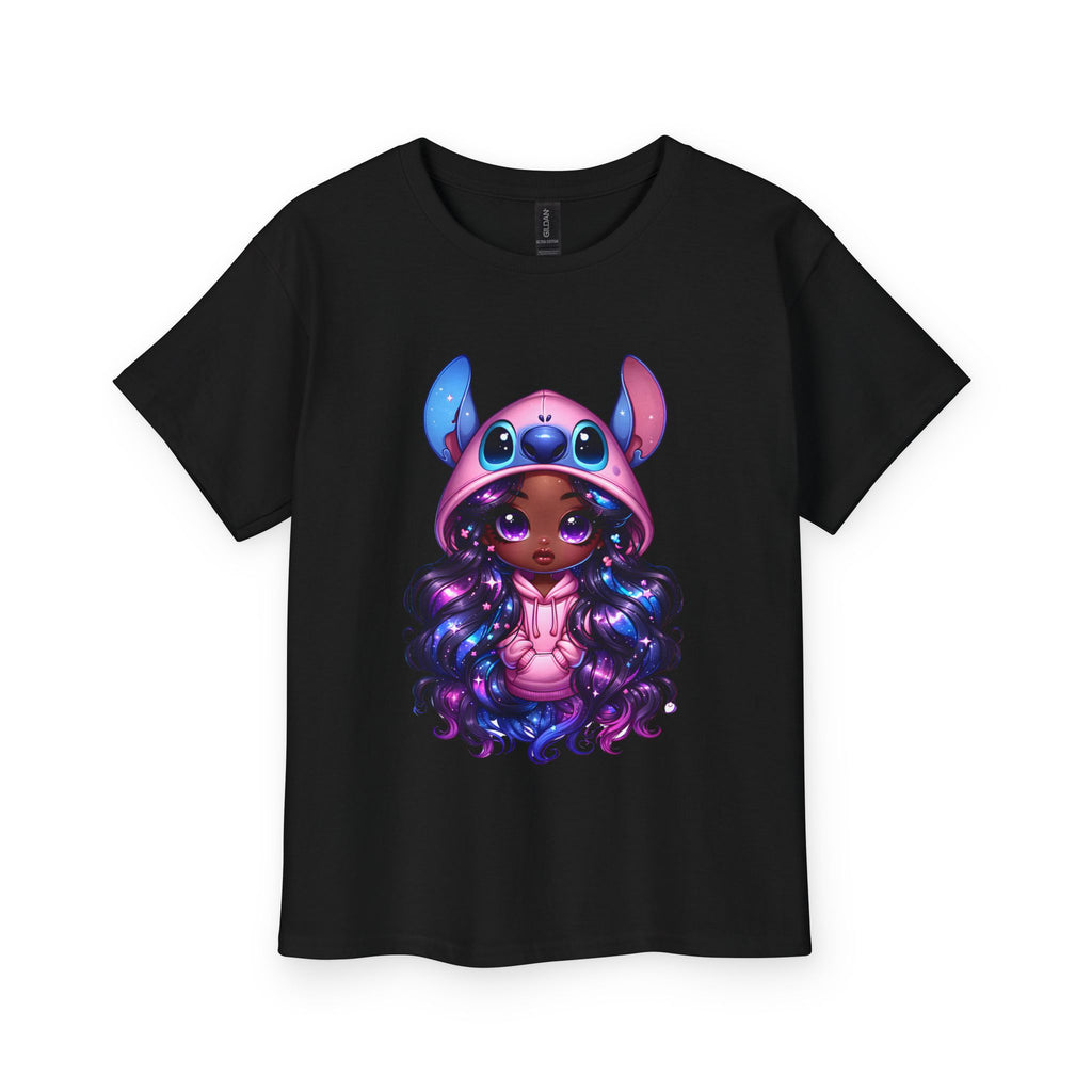 Kids Tee — Cute Dark-Skinned Girl in Stitch Hoodie Graphic