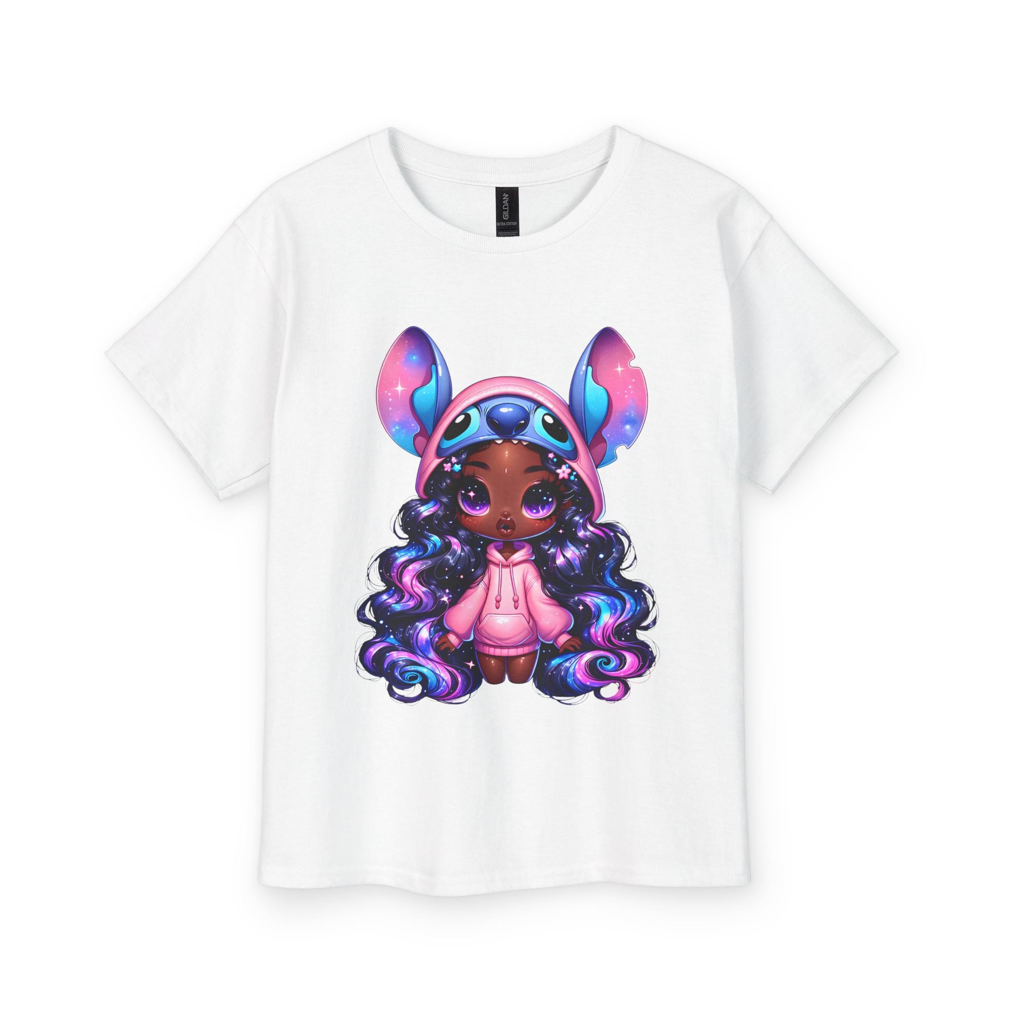 Kids Tee — Cute Dark-Skinned Girl in Stitch Hoodie Graphic