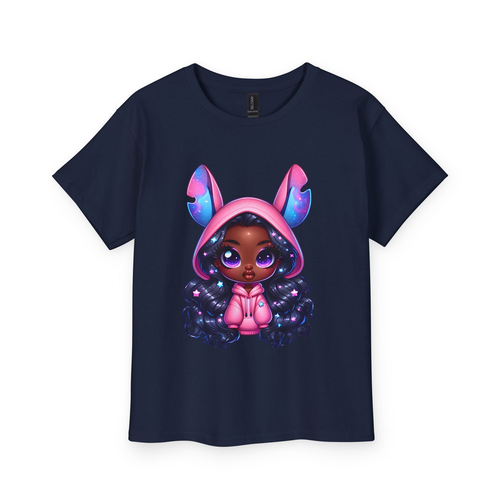 Kids Tee — Cute Dark-Skinned Girl in Stitch Hoodie Graphic