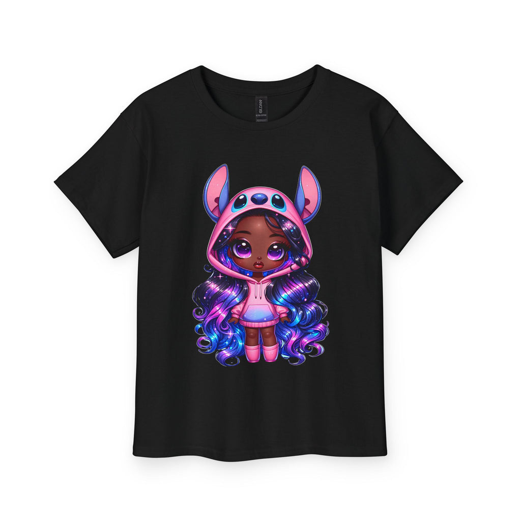 Kids Tee — Cute Dark-Skinned Girl in Stitch Hoodie Graphic