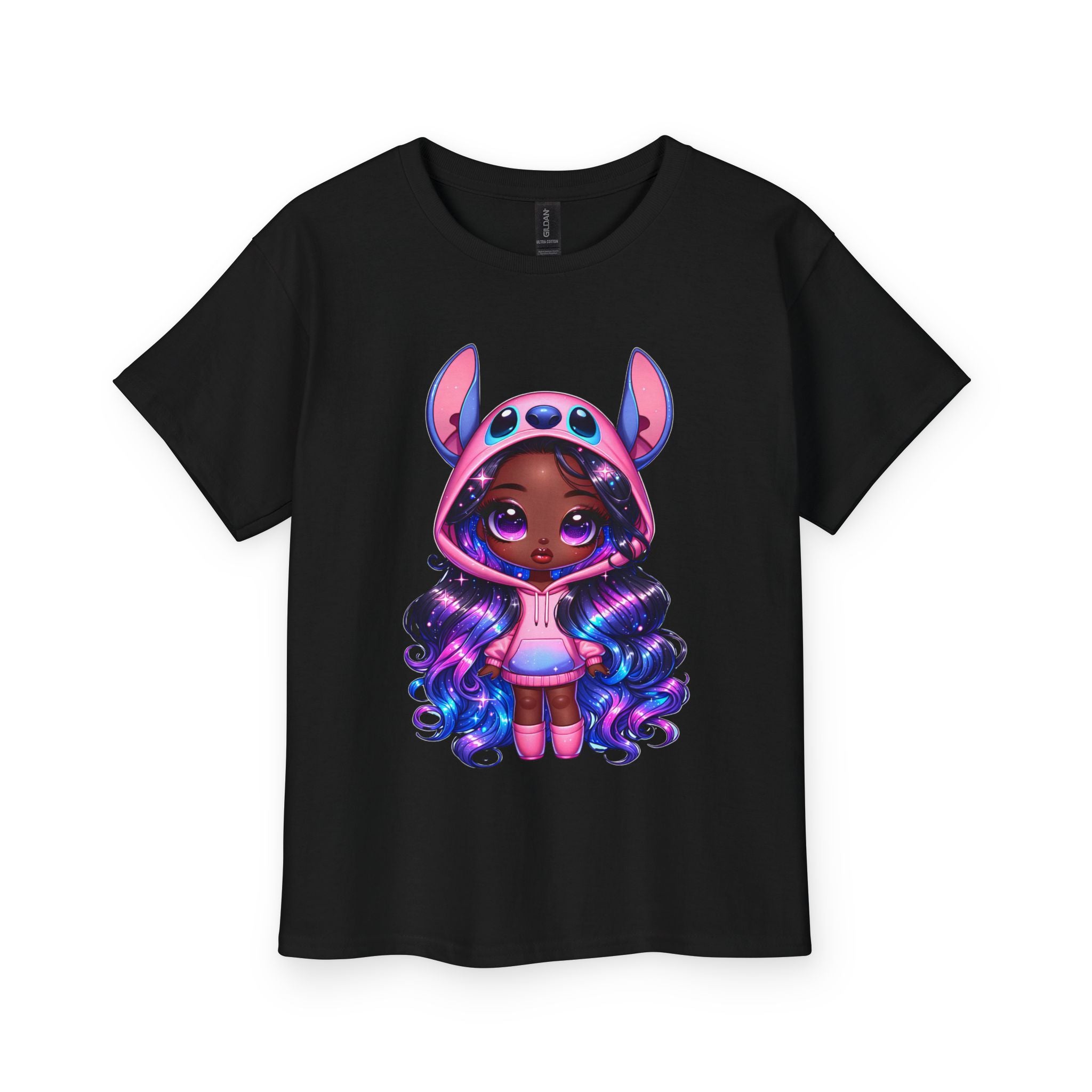 Kids Tee — Cute Dark-Skinned Girl in Stitch Hoodie Graphic