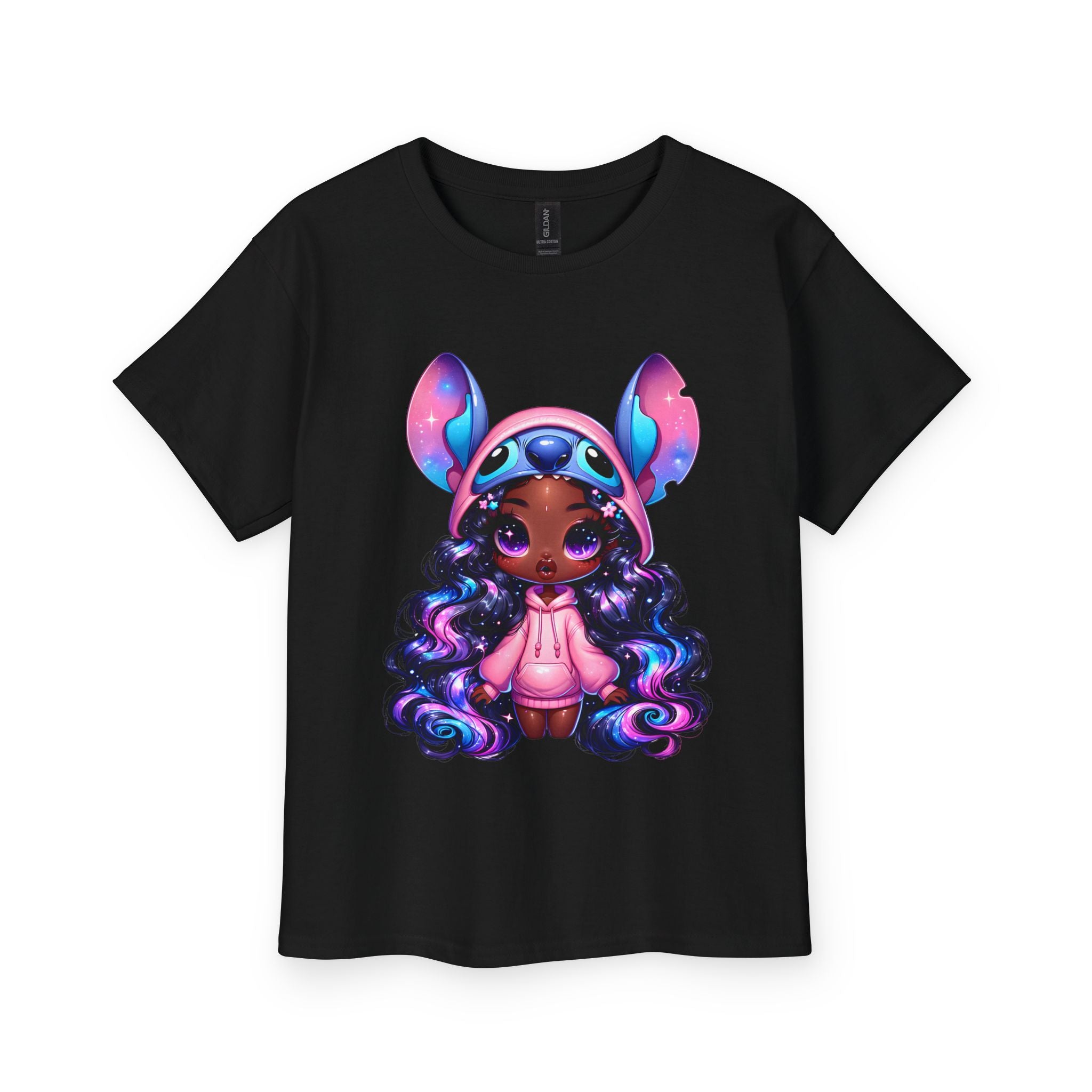 Kids Tee — Cute Dark-Skinned Girl in Stitch Hoodie Graphic