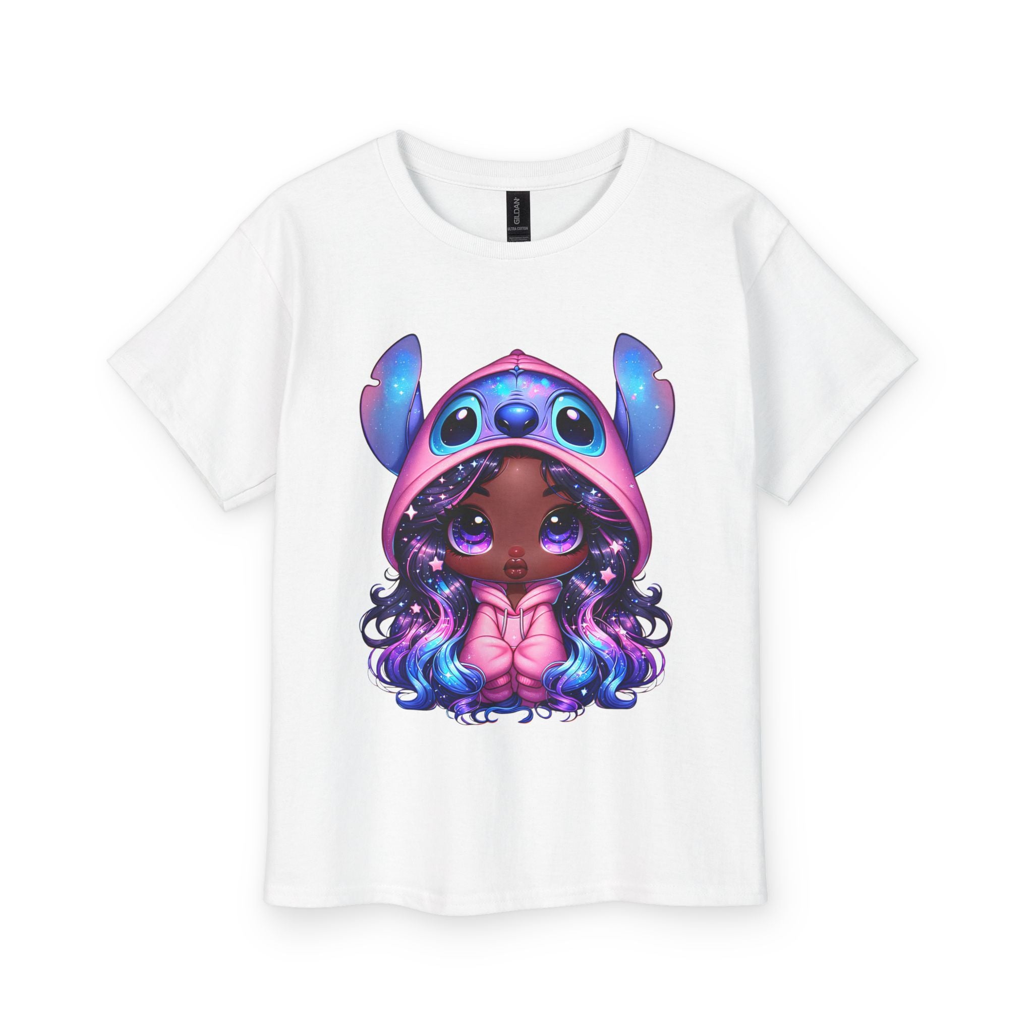 Kids Tee — Cute Dark-Skinned Girl in Stitch Hoodie Graphic