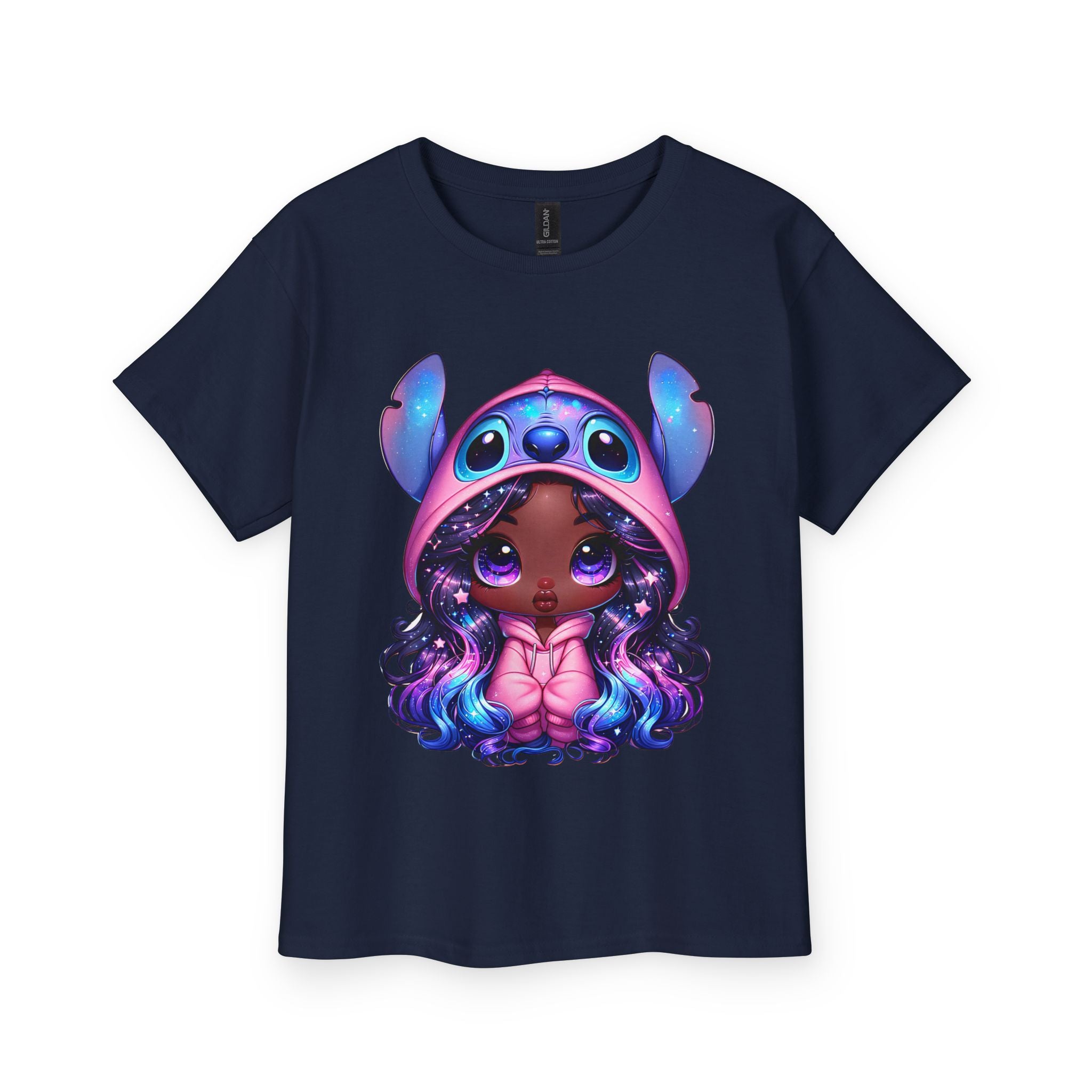 Kids Tee — Cute Dark-Skinned Girl in Stitch Hoodie Graphic