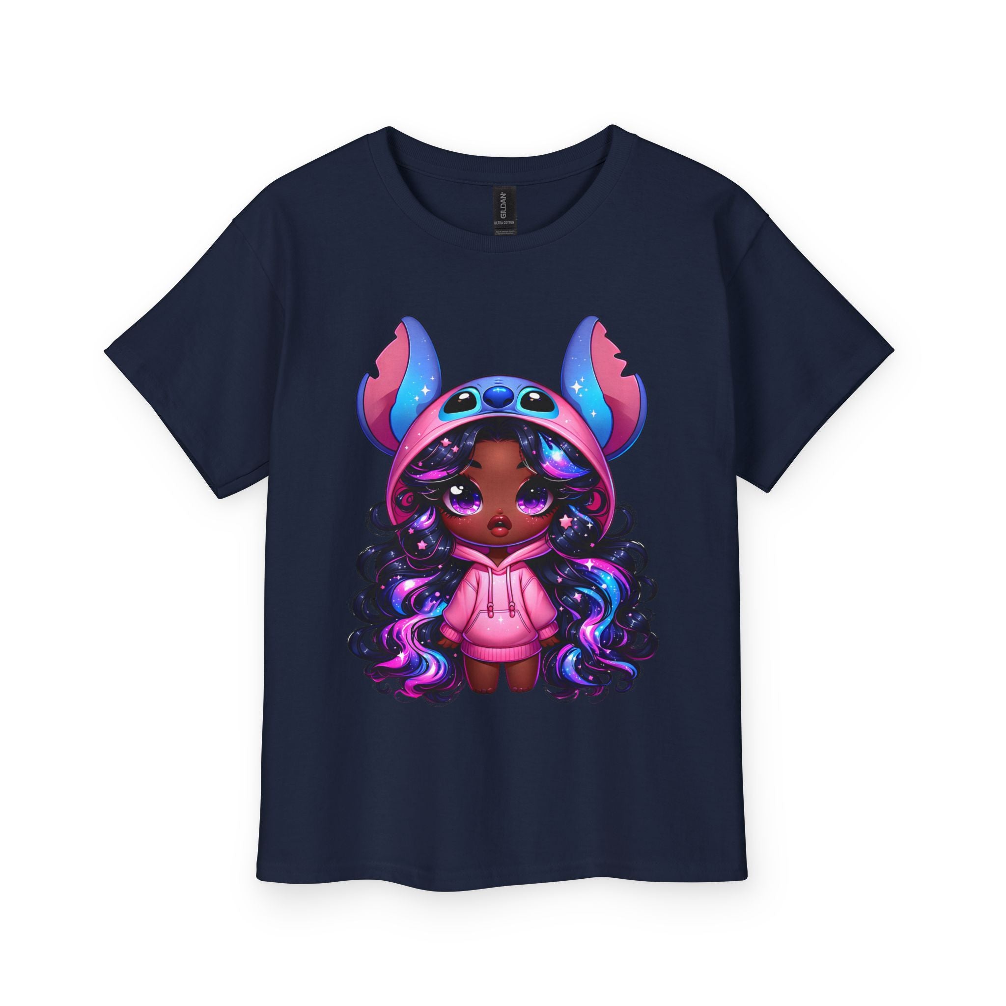Kids Tee — Cute Dark-Skinned Girl in Stitch Hoodie Graphic