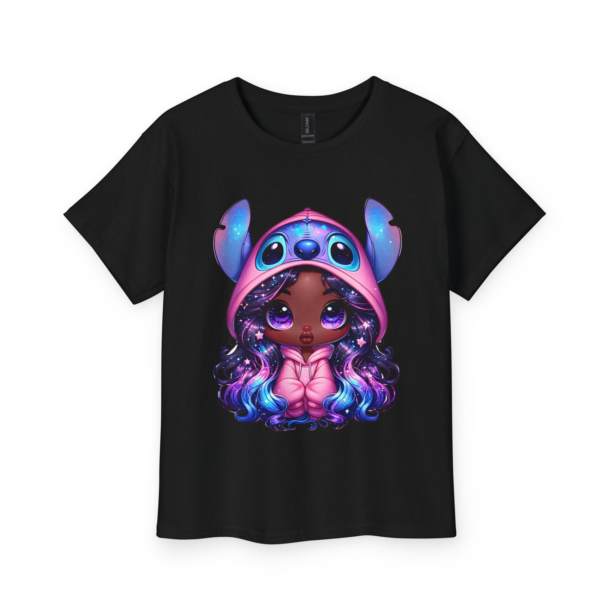 Kids Tee — Cute Dark-Skinned Girl in Stitch Hoodie Graphic