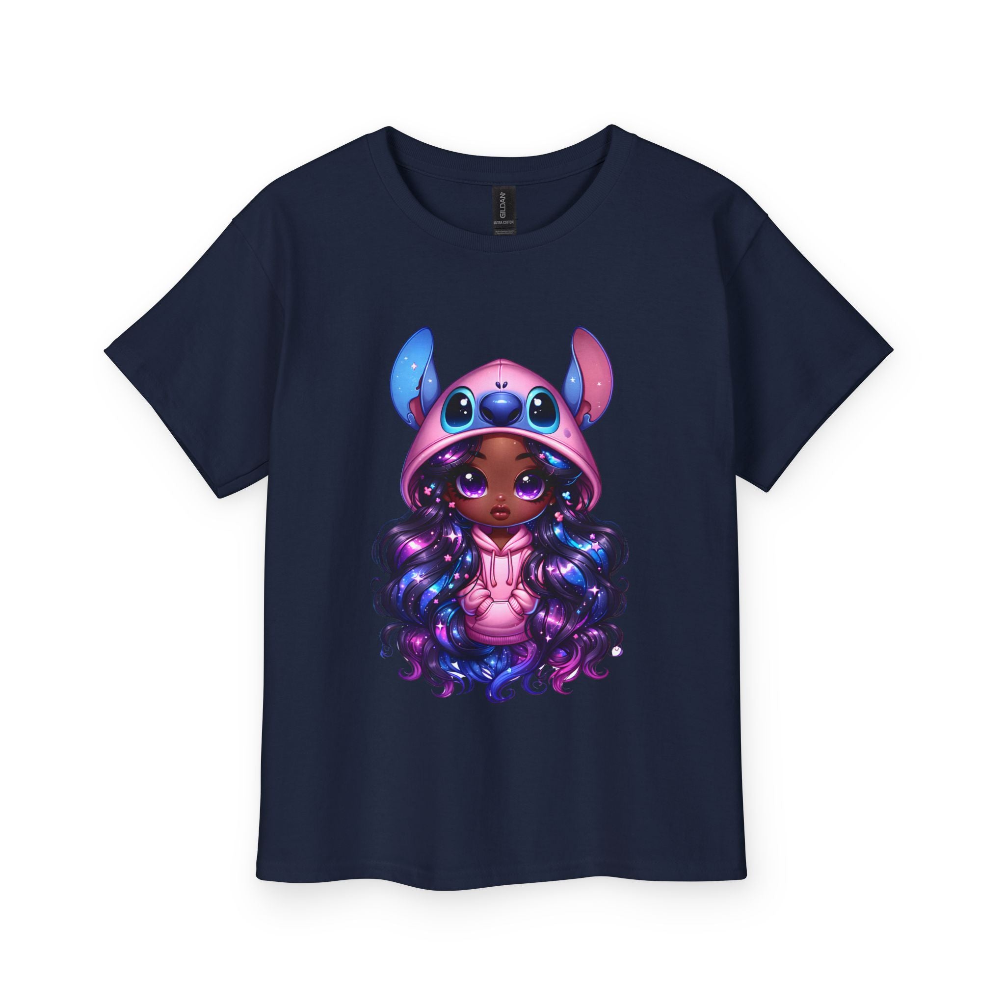 Kids Tee — Cute Dark-Skinned Girl in Stitch Hoodie Graphic