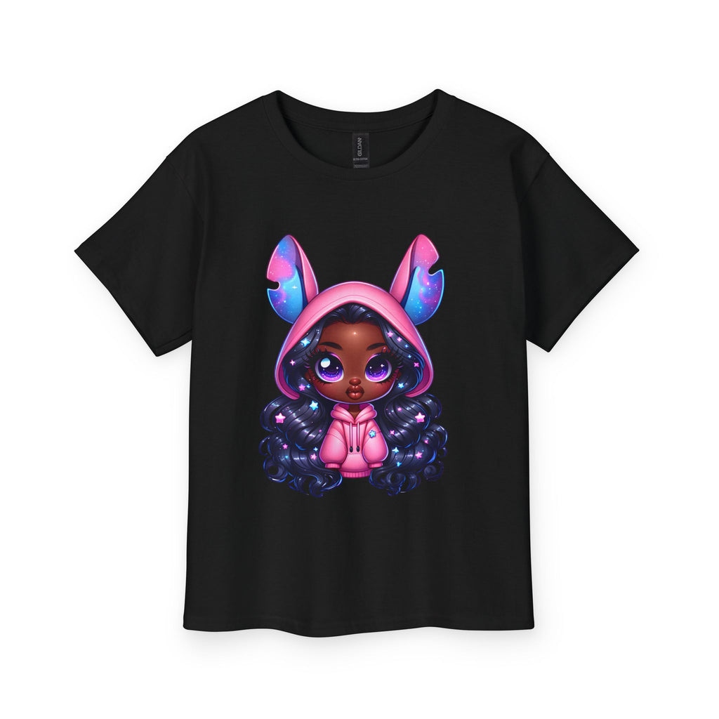 Kids Tee — Cute Dark-Skinned Girl in Stitch Hoodie Graphic