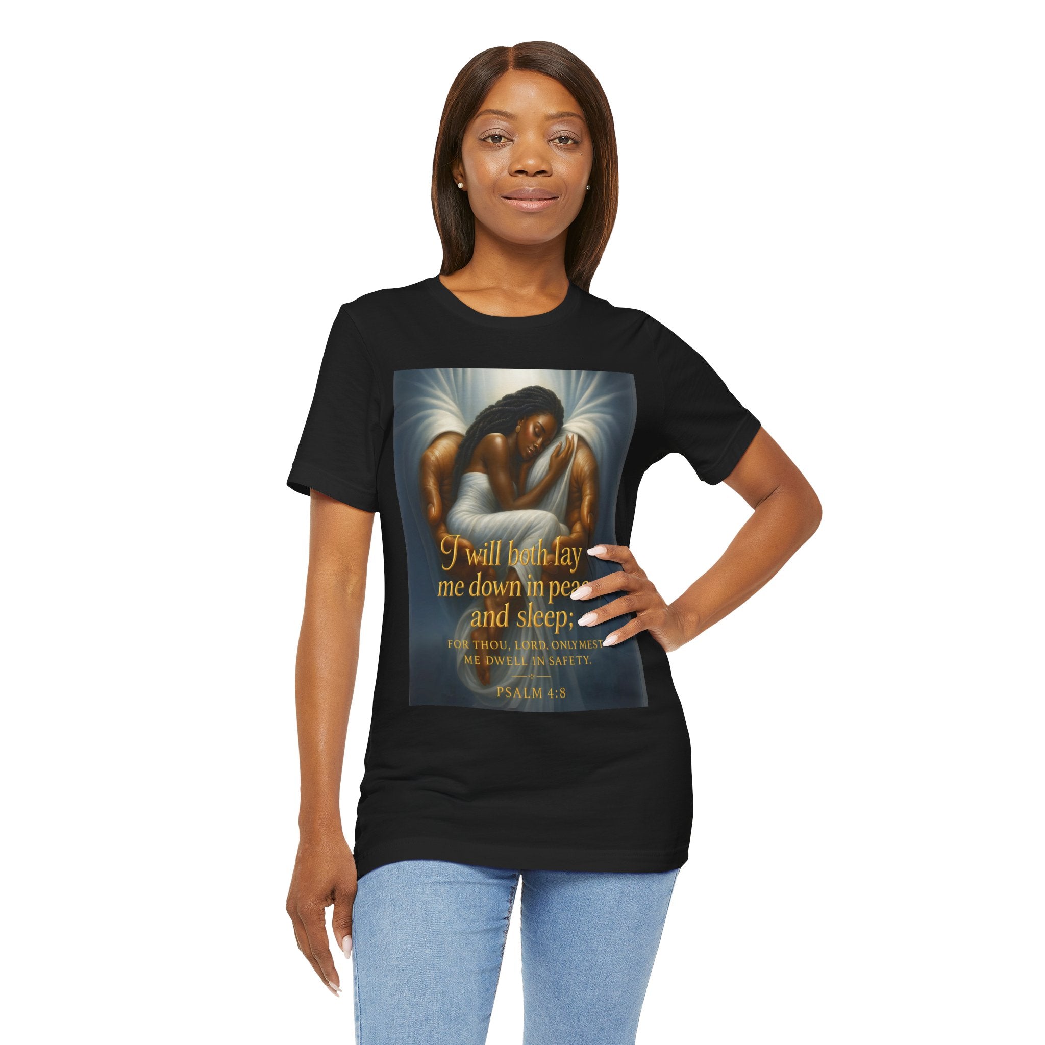 Essence Spiritual Comfort Tee, Psalm 4:8 Inspirational Shirt, Relaxation Gift, Faith-Based Apparel, Unisex Motivational T-Shirt