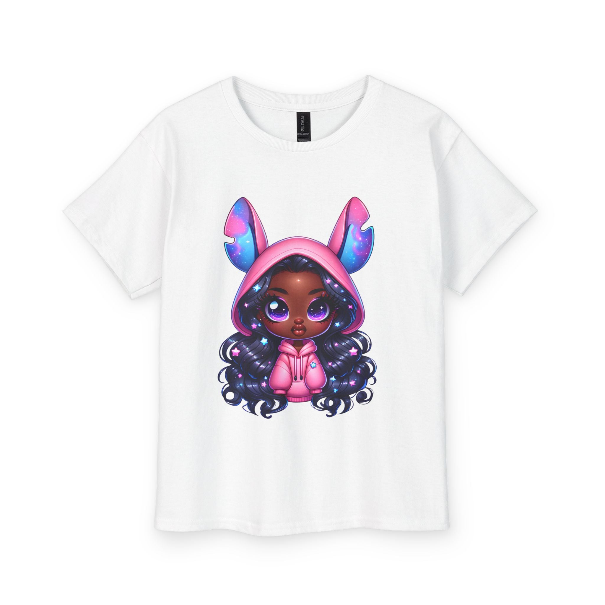 Kids Tee — Cute Dark-Skinned Girl in Stitch Hoodie Graphic