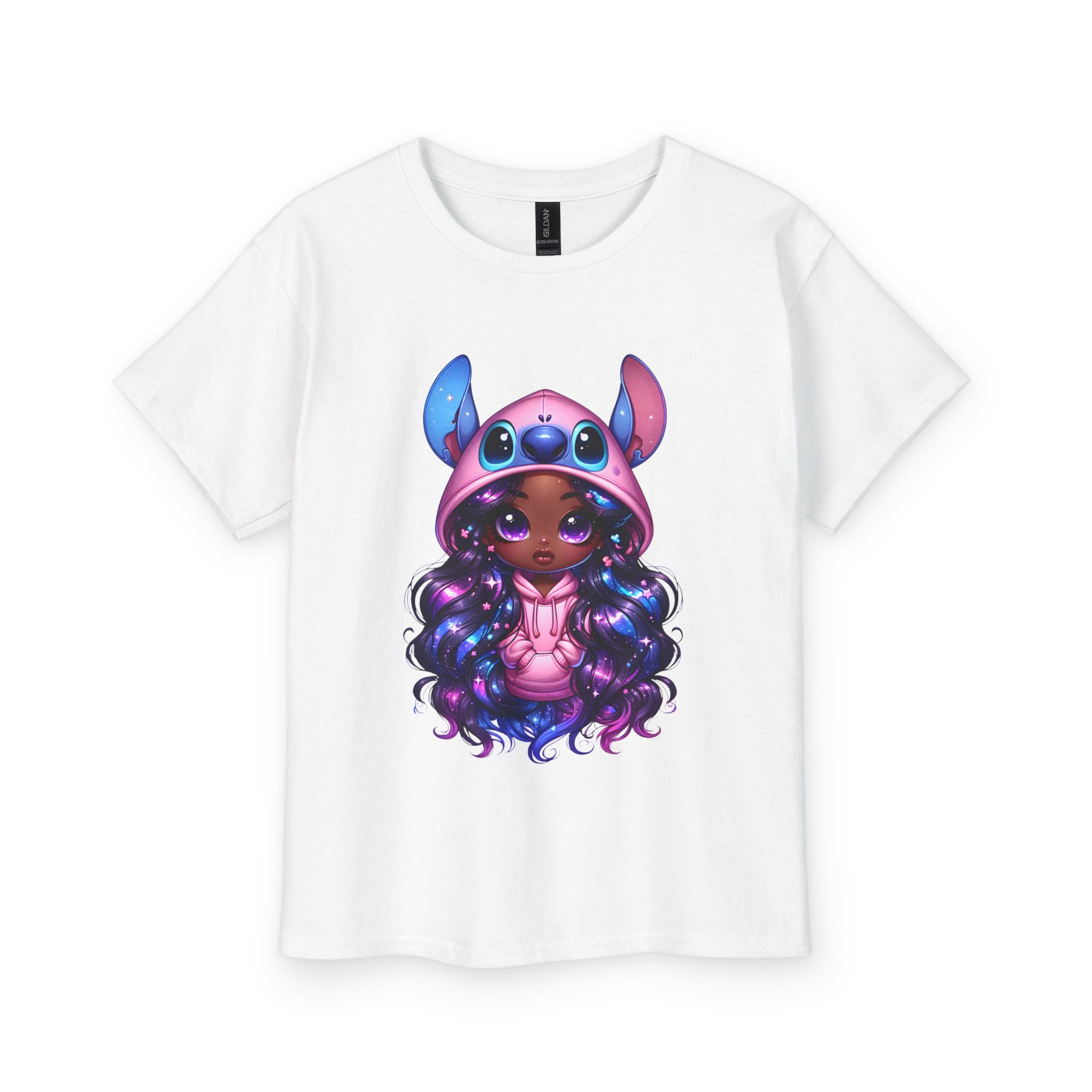 Kids Tee — Cute Dark-Skinned Girl in Stitch Hoodie Graphic