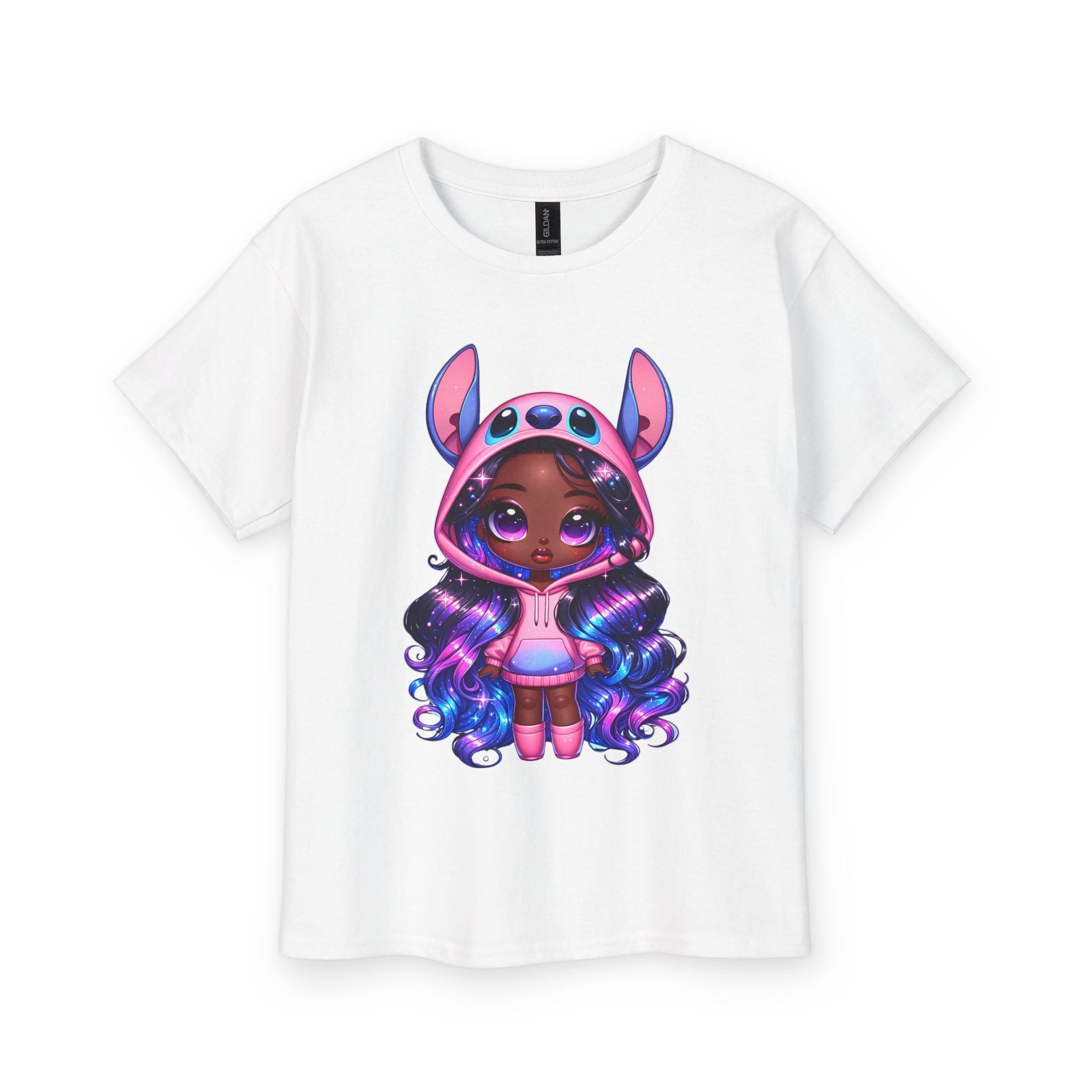 Kids Tee — Cute Dark-Skinned Girl in Stitch Hoodie Graphic
